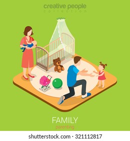 Family Time Parenting Flat 3d Isometric Web Infographic Concept. Dad In Child Room With Daughter And Mom With Son. Creative People Family Collection.