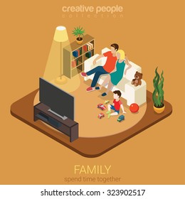 Family time parenting flat 3d isometric web infographic concept. Couple mother father and son in living room watching TV. Creative people family collection.