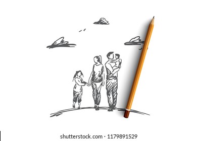 Family time, parents, children, leisure concept. Hand drawn mother, father and children walking together concept sketch. Isolated vector illustration.