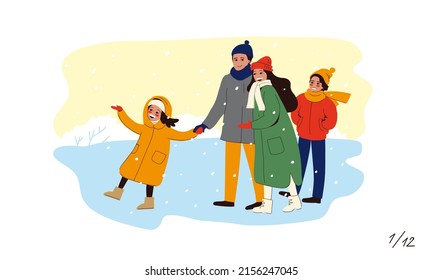 Family Time. Parents And Children On A Winter Walk. A Set Of Vector Illustrations Of The Family For A Calendar.