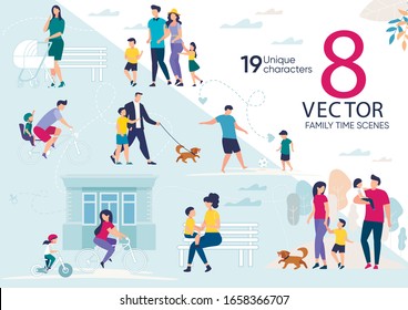 Family Time, Parents with Children Outdoor Walk, Active Lifestyle, Summer Recreation Scenes, Father and Mother Lifestyle Situations, Happy Parenthood Concepts Trendy Flat Vector Illustrations Set