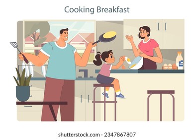 Tiempo familiar. Padres y cocina de las hijas. Desayuno familiar en la cocina juntos. Niña, madre y padre siguiendo la receta. La crianza de los hijos y el vínculo familiar. Ilustración vectorial plana