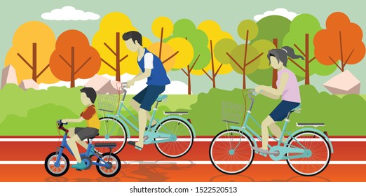 Family Time of parents and sons ride a bike in a park with a natural forest background.