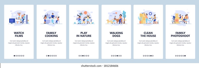 Family time. Parents spending time with kids. Watching films cooking playing cleaning house. Mobile app screens. Vector banner template for website and mobile development. Web site design illustration svg