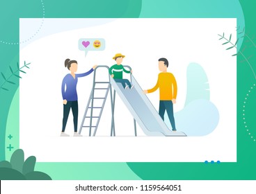 Family time. Kid’s playground with happy family. Father, mother and son. Conceptual Modern and Trendy colorful vector illustration for landing page. Web template.