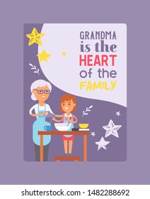 Family time poster vector illustration. Generation gathered together for spending time. Small girl cooking with grandmother. Grandma is heart of family. Child preparing food. Family members.