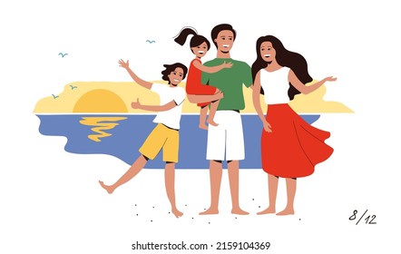 Family time. The family is resting on the sea. Relaxing on the beach. A set of vector illustrations of the family for a calendar.