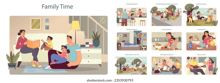 Family time set. Grandparents, mother, father and kids communication. Extended family routine and daily life. Character spending time together. Flat vector illustration