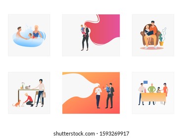 Family time set. Parent and kids reading book, cooking dinner, feeding pet. Flat vector illustrations. Leisure, weekend concept for banner, website design or landing web page