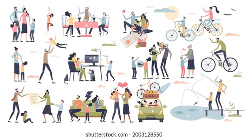 Family time set with quality parenting and bonding tiny person collection. Mother and father entertainment activities with kids or children vector illustration. Happy relationship elements and items.