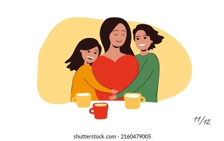 Family Time. Son And Daughter Hug Mom. Mother Day. A Set Of Vector Illustrations Of The Family For A Calendar.