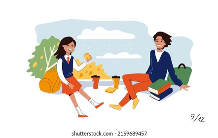 Family time. Students have lunch at school. Brother and sister communicate. A set of vector illustrations of the family.