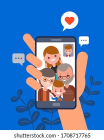 Family Time Together Illustration. Man Chatting With His Family Using Video Call App On Smartphone. Human Hand Hold Smartphone Device. Flat Design Vector Cartoon Characters. 