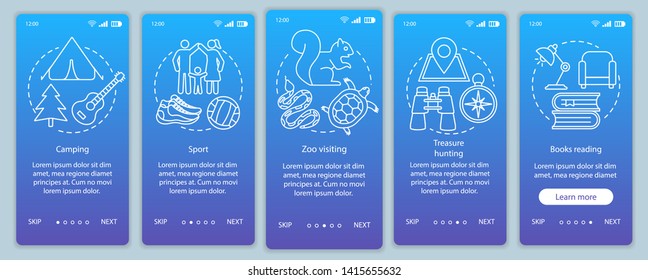 Family time together onboarding mobile app page screen vector template. Sport and camping. Zoo visiting. Walkthrough website steps with linear illustrations. UX, UI, GUI smartphone interface concept