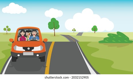 Family time travel to nature atrea. Father drives his wife and son with a dog. Happy family rides car on journey. Wide open field with asphalt roads cut through on day. Cartoon vector illustration.