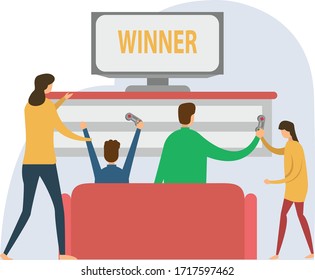 Family time vector concept with group of family figures playing video games together in their living room