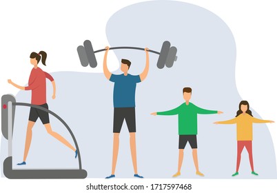 Family time vector concept with group of family figures wearing sportswear while exercising and working out at home