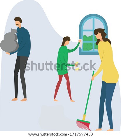 Family time vector concept with group of family figures doing house chore together in white background with blue shades