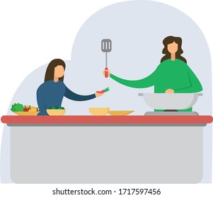 Family time vector concept with mother & daughter cooking together 