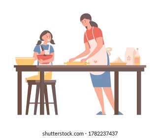 Family time vector flat illustration. Happy smiling mother and daughter in domestic clothes and kitchen apron cooking dinner together at the kitchen. Spending weekend at home.