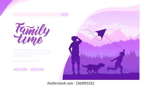 Family time vector landing page template. Father and son spending time together. Fatherhood, parenting web banner. Parent and kid running with kite and dog. Outdoor activities illustration