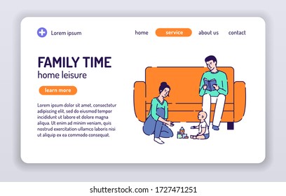 Family time web banner. Home leisure. Isolated cartoon characters on a white background. Concept for web page, presentation, smm, ad, site. Vector illustration. UX UI GUI design.