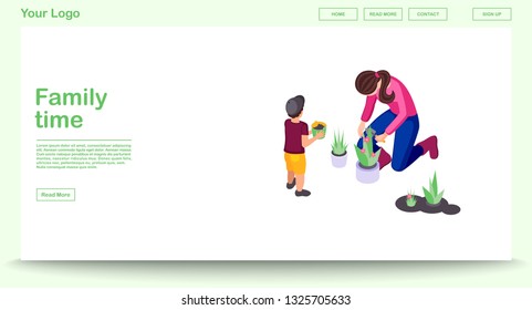 Family time web page vector template with isometric illustration. Mother and son doing gardening. Website interface design. Family leisure and entertainment activity 3d concept. Isolated clipart
