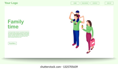 Family time web page vector template with isometric illustration. Parents with kids doing shopping. Website interface design. Family leisure and entertainment activity 3d concept. Isolated clipart