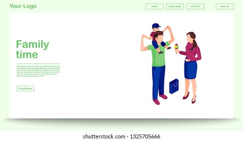 Family time web page vector template with isometric illustration. Parents with kids doing shopping. Website interface design. Family leisure and entertainment activity 3d concept. Isolated clipart