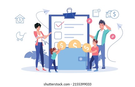 Family tiny people with children planning budget calculating income expenses checking financial bank credit flat vector illustration. Money savings, economy concept