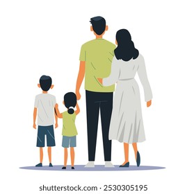 Family together back view parents children standing. Illustration shows a family of four from behind holding hands. Simple color palette white background