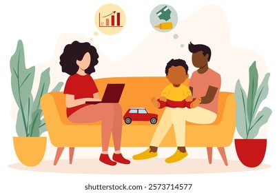 Family together in a cozy living room with parents balancing work and childcare during maternity leave while discussing future plans