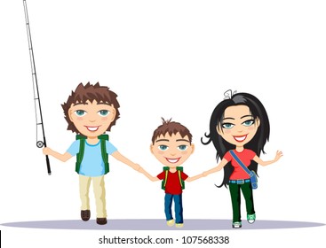 Family together. Dad, mom and son go fishing. Field trip family