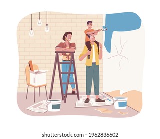 Family together doing house repair works. Vector son sitting on fathers shoulders, painting walls in new flat. Parents and children making renovation in apartments. Mother and ladder, kid with roller