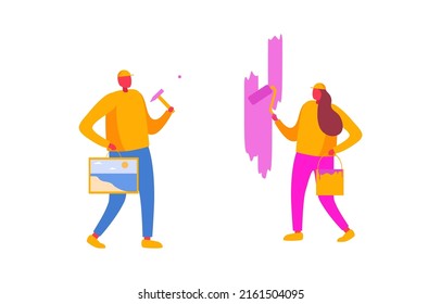 Family together doing house repair works. Girl painting walls in new flat. Man hanging picture on the wall and holding hammer in hand. Vector flat