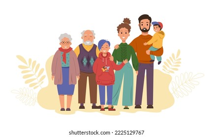 Family together. Grandmother and grandfather, father and mother, children. Vector stock illustration.