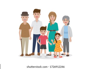 Family together with grandparents and children, flat style isolated vector illustration on white background.