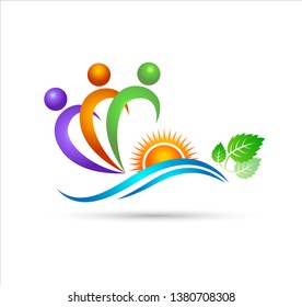 Family together green success sea waves beach vector logo