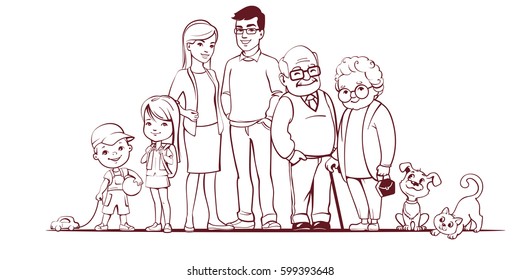 Family Together. Group Of People Standing. Little Boy, Teenager Girl, Woman, Man, Old Man, Senior Woman, Cat, Dog. Father, Mother, Sister, Brother, Grandfather, Grandmother, Pets. Lineart Sketch.