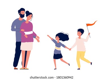 Family together. Happy children running to parents. Mother father waiting daughter and son, boy with flag vector illustration