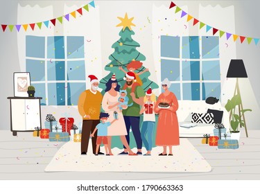 Family together at home for christmas. Happy family celebrate New Year with children and grandparents. Decorated Christmas tree in the room. Festive interior and characters. Flat vector illustration