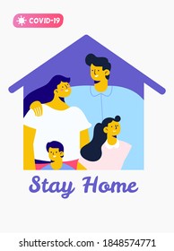 Family together at home during the coronavirus epidemic. Stay home and save lives. Quarantine and self-isolation. Flat vector illustration