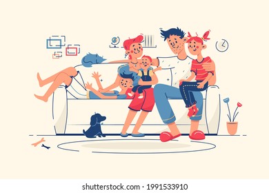 Family Together At Home On Sofa Vector Illustration. Mum, Dad, Kids And Domestic Pet Dog Chill In Living Room Flat Style. Leisure, Family Time, Weekend Indoors Concept. Isolated On Beige Background