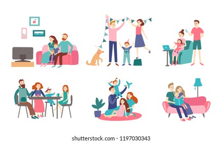 Family together at home. Young couple spend time with kids, read book and decorating house. Homeliness family eating healthy dinner together, generations meeting vector flat isolated icon illustration