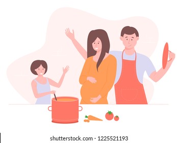 Family together in the kitchen. Cook food for dinner. Dad, daughter and pregnant mother. Cute people are standing next to the table. Vector illustration.