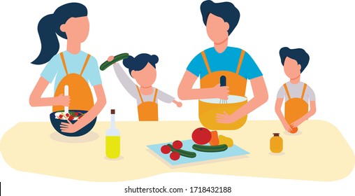 The family together in the kitchen are engaged in cooking. Cooking with the whole family. Parents with children are engaged in the same business.Cooks in the kitchen. Vector illustration in flat style