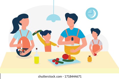 The family together in the kitchen are engaged in cooking. Cooking with the whole family. Parents with children are engaged in the same business.Cooks in the kitchen. Vector illustration in flat style