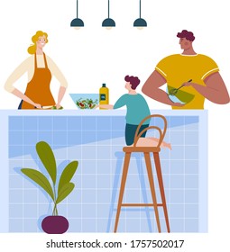 Family together kitchen spend time, mother father and children boy cooking dinner isolated on white, cartoon vector illustration. Lovely couple with child cheerfully prepare foodstuff