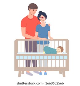 Family together. Mother and father watching at sleeping baby. Cute little child sleep in crib. People haracters. Modern flat cartoon vector illustration isolated on a white background.