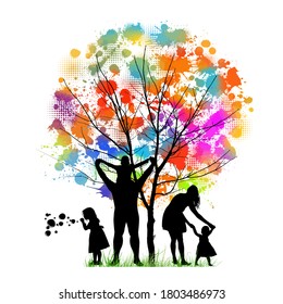 Family together near a multicolored abstract tree. Mixed media. Vector illustration